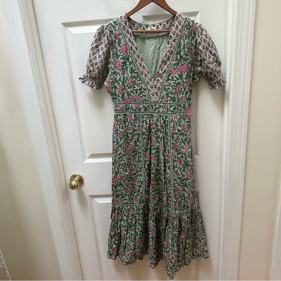 DRA Los angeles Floral Green Pink Dress maxi tiered short sleeve cotton s small - Picture 1 of 8
